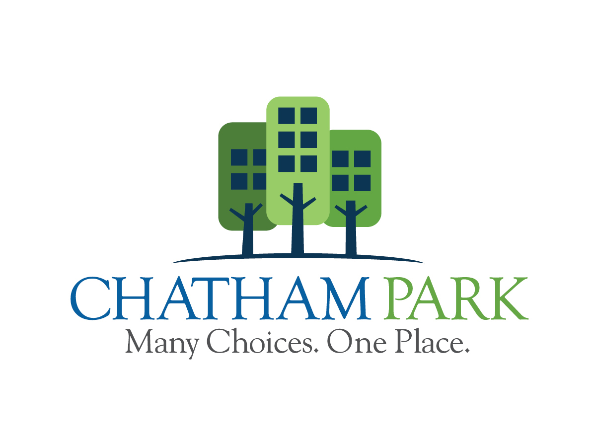 Chatham Park logo with three trees with square blue windows in them.