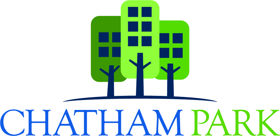 Logo for Chatham Park. Features rounded rectangular trees with windows in the branches. Letters and graphic are green and blue.