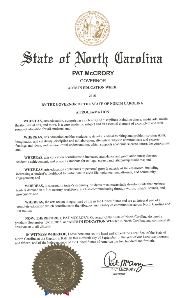 Governor McCrory's NC Arts in Education Week Proclamation