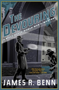 Film Noir Book Cover of the Devouring with black and grey illustration of 2 men in trench coats and hats with guns.