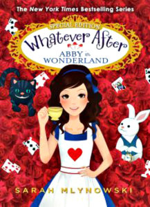 Book cover with whimsical illustration of Abby in a pinafore holding a teacup with cards and rabbits and cats in the background.