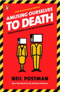 Amusing Ourselves to Death Book Cover—Red with illustration of a woman and man standing side by side with TVs in place of their heads.