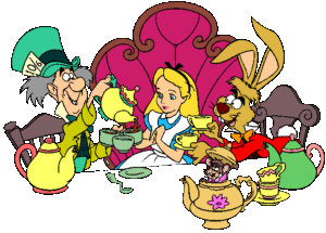 Illustration with Alice, the Mad Hatter and friends at tea part