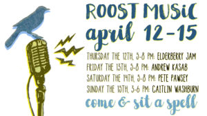 graphic with "Roost Music" and silhouette of a bird on an old fashioned microphone