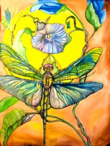 Painting of Dragonfly & morning glory with sun in background