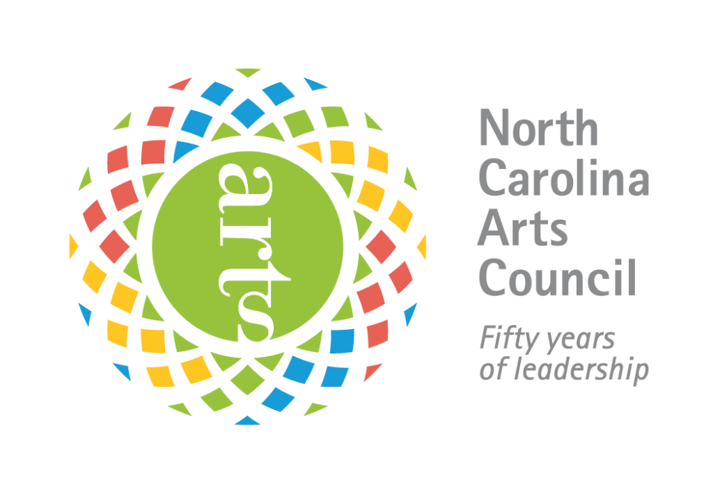 Logo for North Carolina Arts Council. Includes text: "Fifty years of leadership." Includes green circle with white ARTS and abstract blue, green, red, and yellow shapes.
