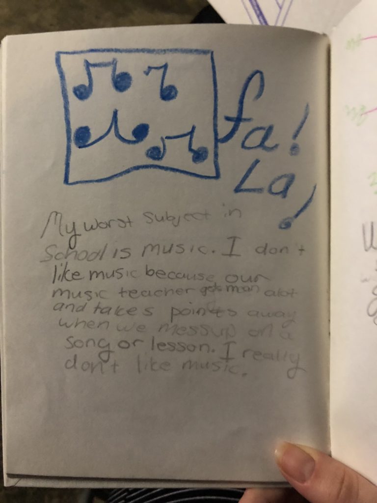 A fourth-grade Megan writes: "I really don't like music."
