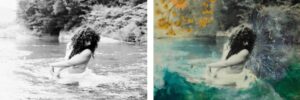 Side-by-side images of a woman in a river. Left side is black-and-white original. Right side is pastel color overlay of encaustic wax with pigment--and the woman has transluscent wings.