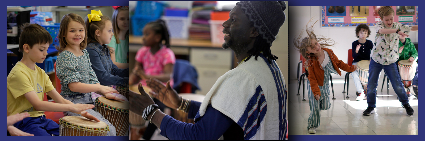 Triptych of Diali Cissokho residency; L to R students playing drums; Diali, a black man playing drums in front of seated students; male and female students dancing