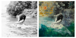 Side-by-side images of a woman in a river. Left side is black-and-white original. Right side is pastel color overlay of encaustic wax with pigment--and the woman has transluscent wings.