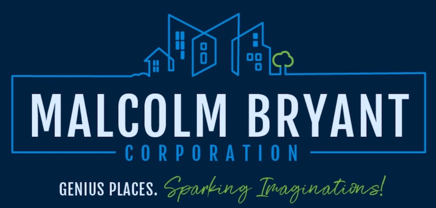Logo for Malcolm Bryant Corporation with a navy blue background, white lettering, a graphic of buildings in blue, and graphic of a tree in green. Lettering also reads: "Genius Places. Sparking Imaginations!"