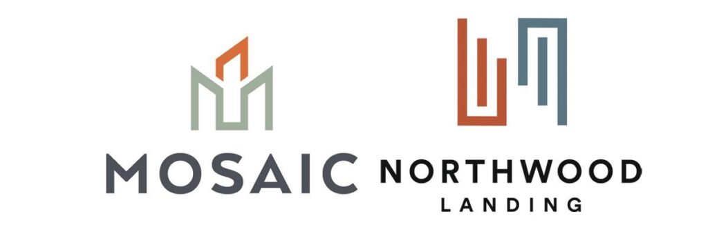 Logos for MOSAIC and Northwood Landing. MOSAIC graphic is gray and orange abstract. Northwood graphic is red and blue abstract.