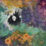 Black and white photo of woman lying down with her eyes closed and one arm over her head. Encaustic pastels surround her.