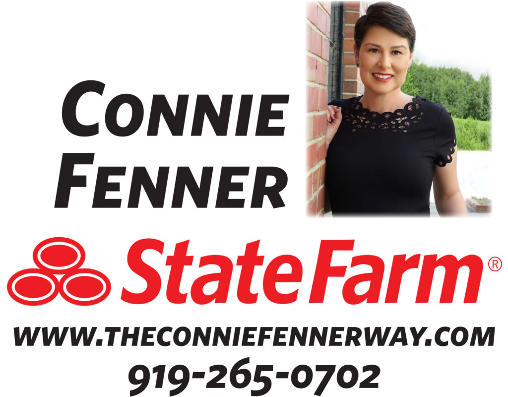 State Farm logo with a photo a smiling woman with short hair. Text: www.theconniefennerway.com. 919-265-0702.