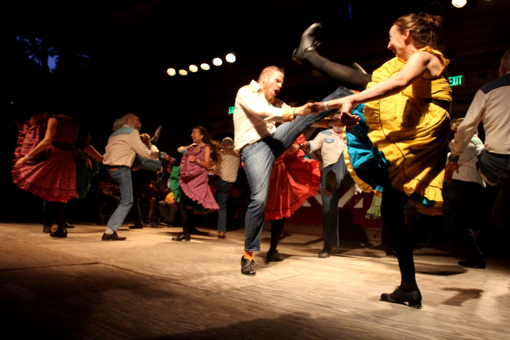 An animated group of dancers are partners together and performing a high kick