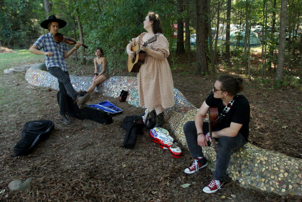 A relaxed group of young people playing stringed instruments and enjoying nature