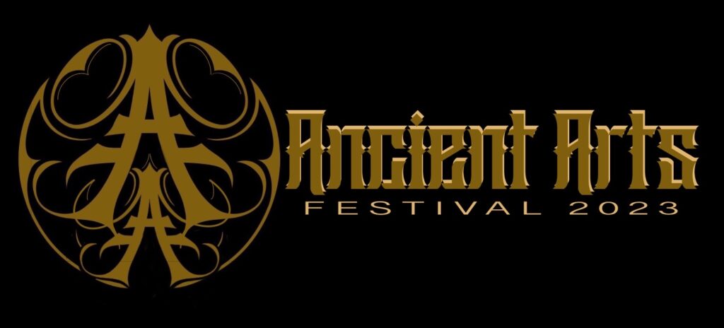 A stylized logo of the Ancient Arts Festival in black with yellow lettering.