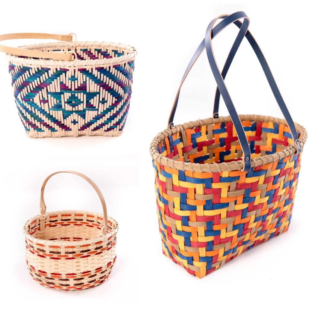 three baskets woven in brightly colored bamboo.
