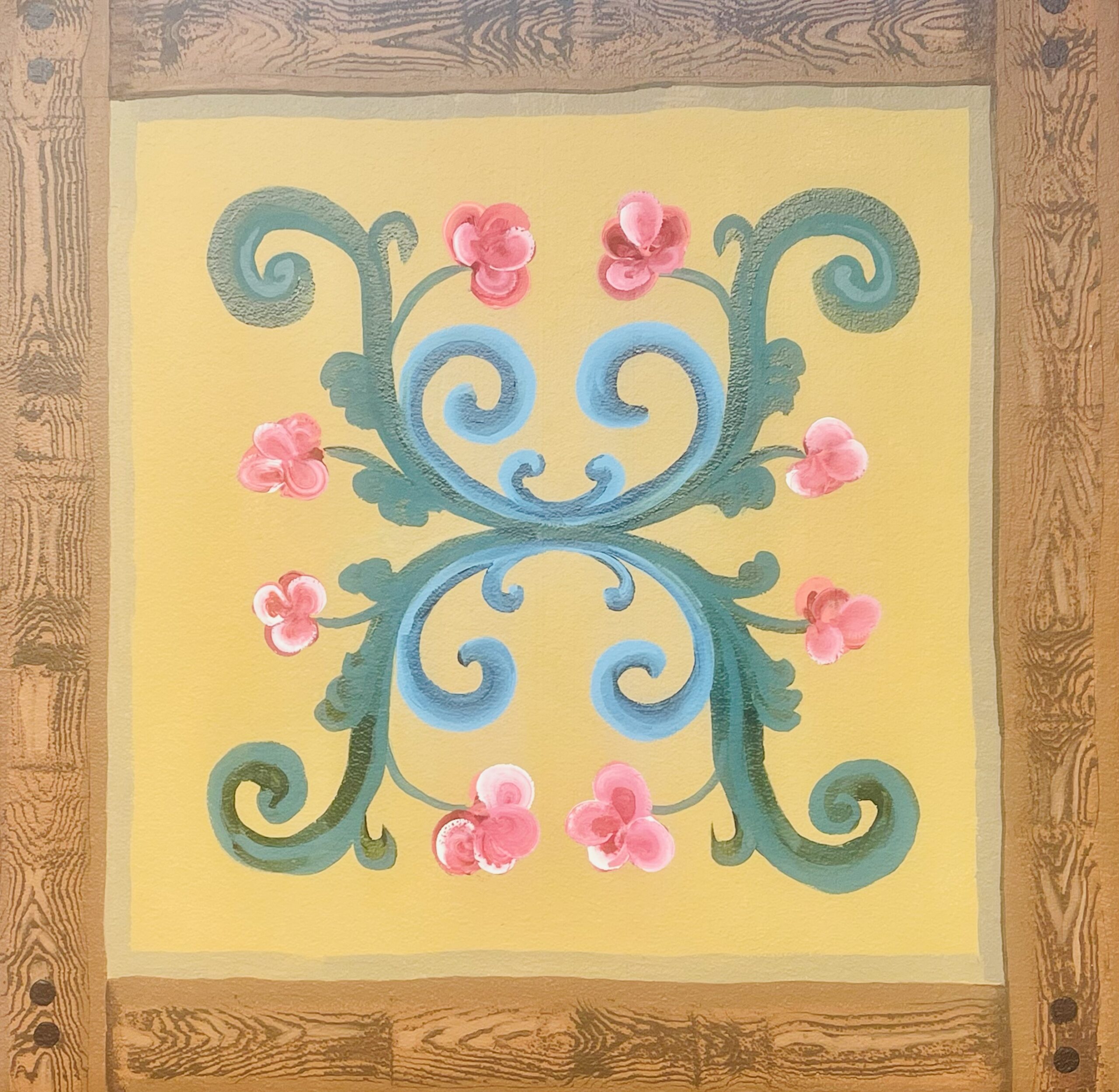 a set design in green blues and pink over a gold backdrop in the style of norwegian rosemaling.