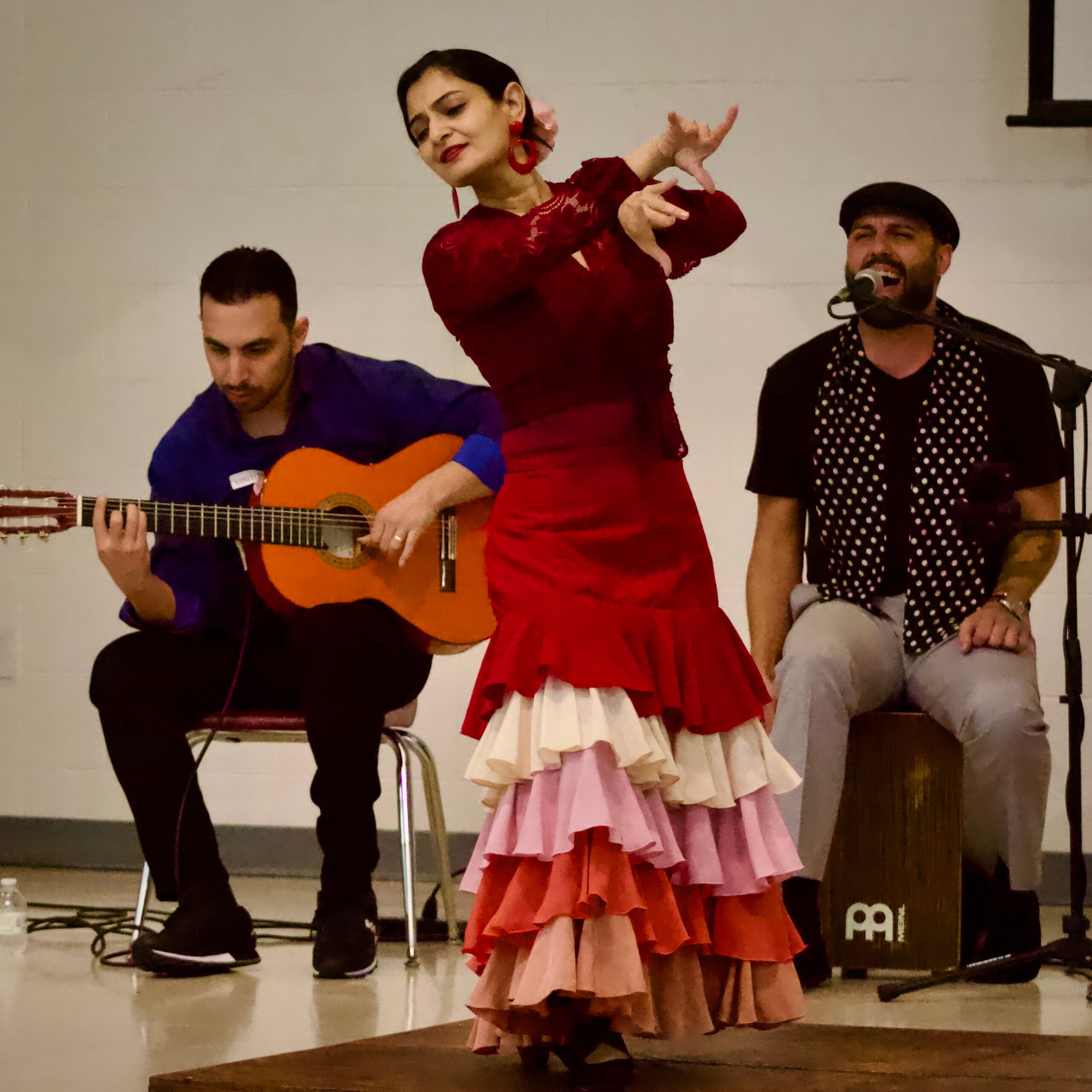 Female Flamenco dancer in red ruffled dress performing, with male Flamenco guitarist and singer behind her.