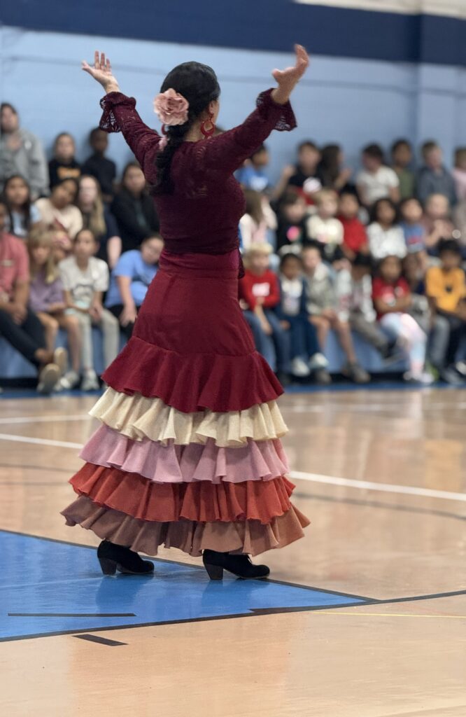The ruffled red and pink skirts of a female Flamenco dancer are shown as she performs for a large group of students in a school gym.