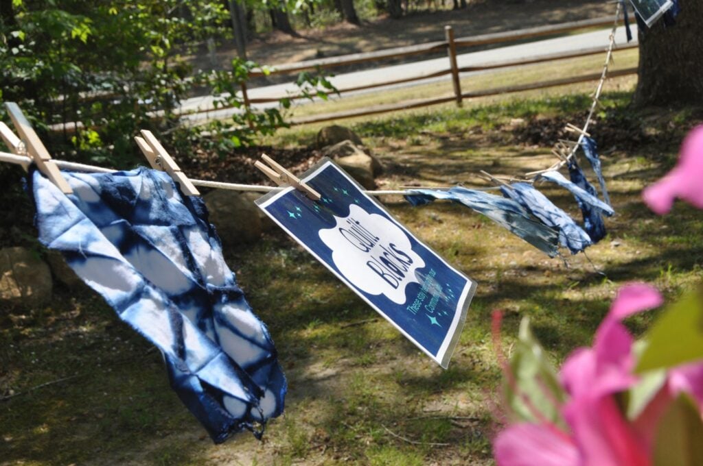 Clothes line with several patterned indigo dyed squares and a sign that read Quilt Blocks. Green grass and trees in background