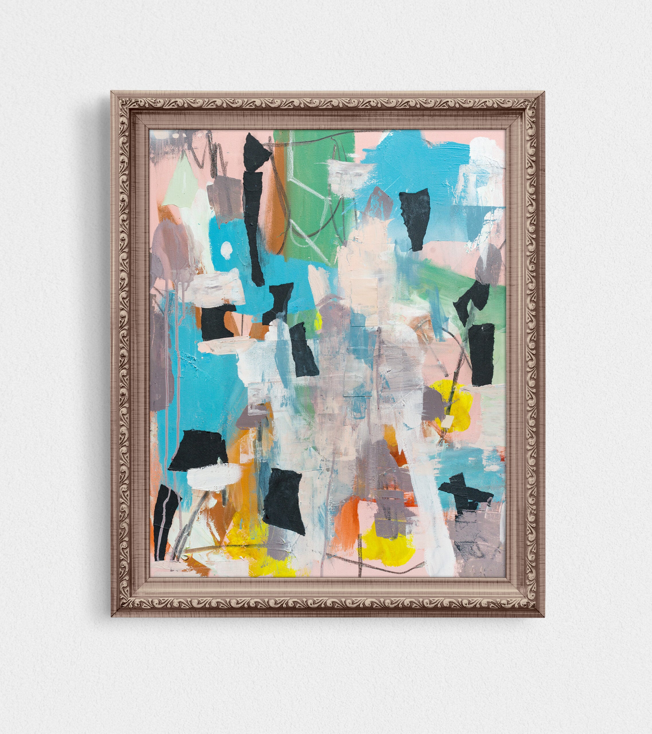 An abstract mixed media collage.
